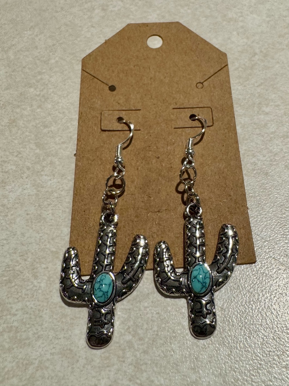 Turquoise Accent Silver Cactus Drop Earrings - Women Jewelry